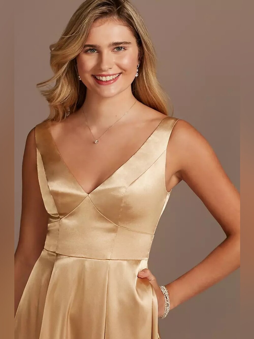 David's Bridal+Galina Signature Gold Charmeuse Tank V-Neck Dress with Slit- 14